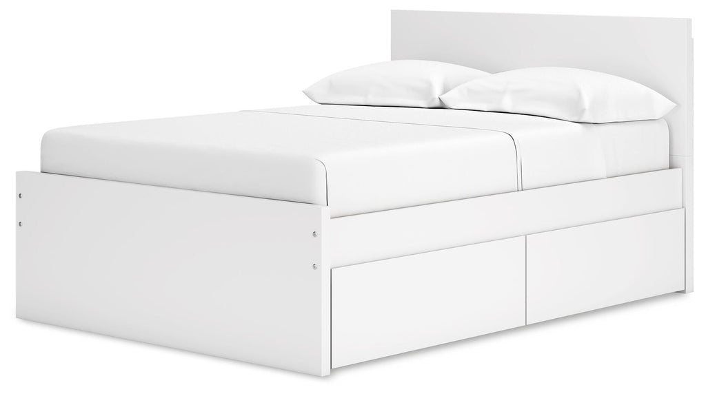 White panel platform bed with two side storage drawers and white mattress