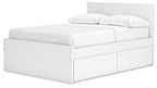 White panel platform bed with two side storage drawers and white mattress