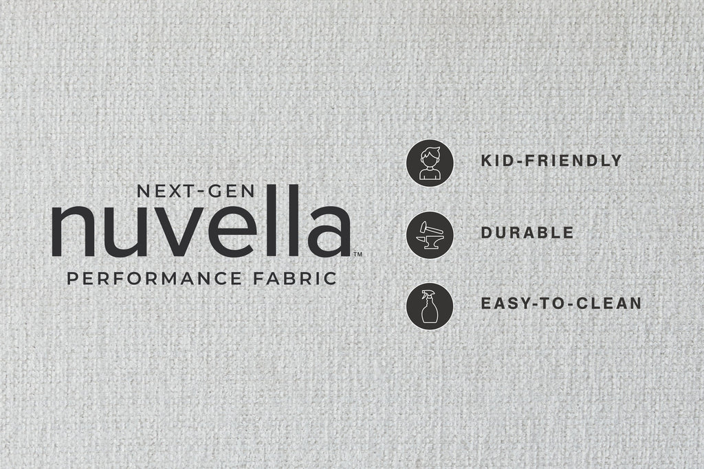 Gray performance fabric swatch with printed icons and durability labels