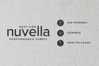 Gray performance fabric swatch with printed icons and durability labels