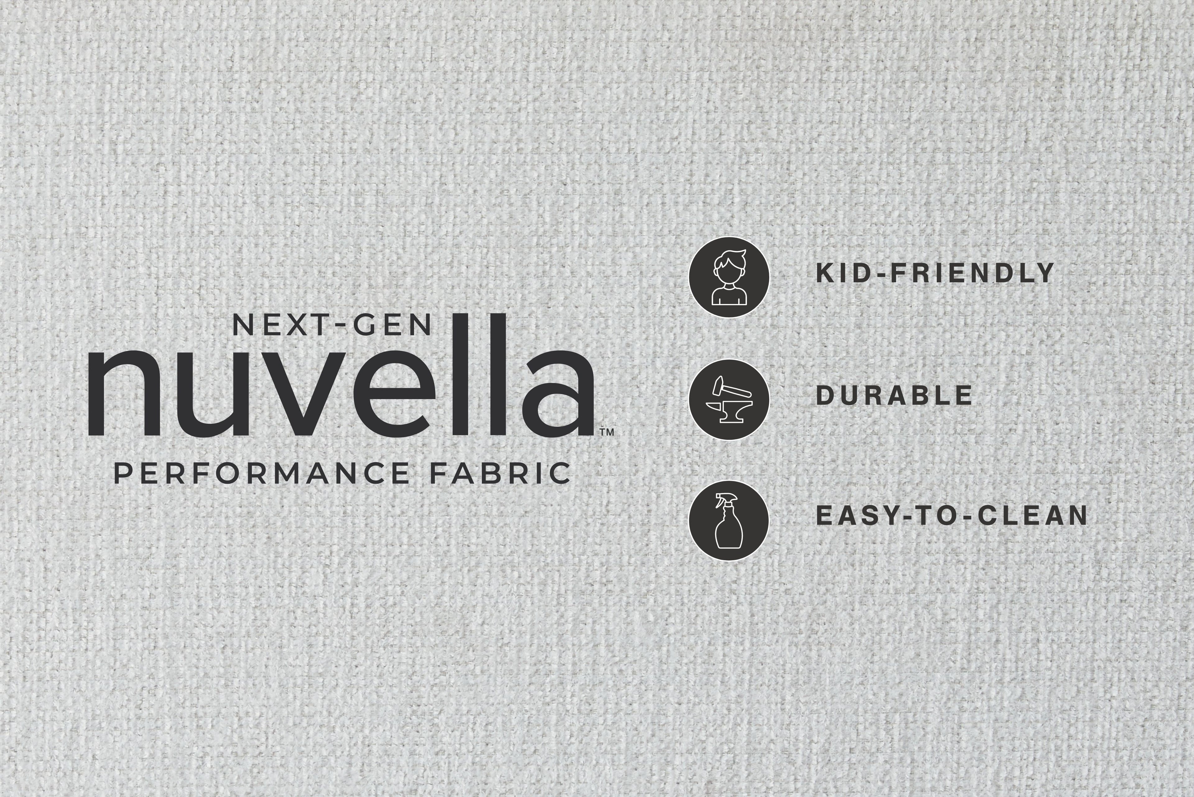 Gray performance fabric swatch with printed icons and durability labels