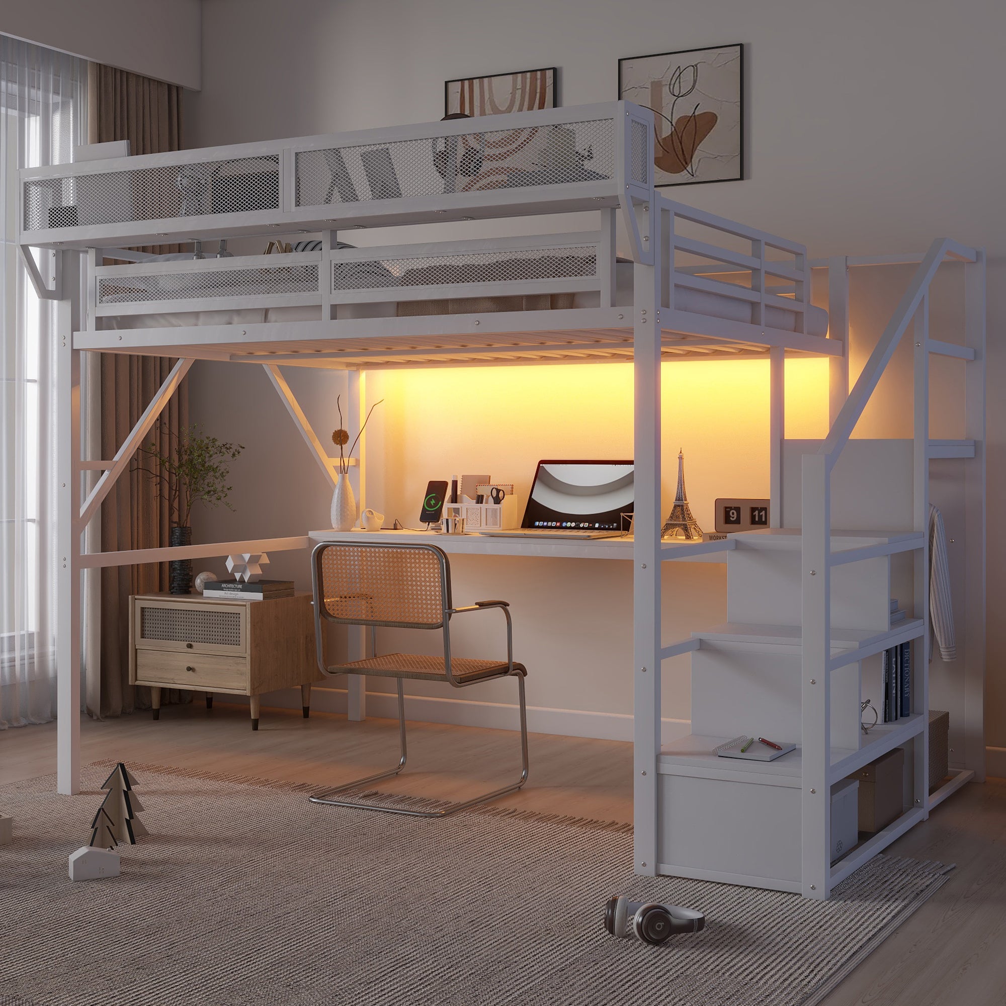 Queen Metal Loft Bed w/ Desk, Charging Station, Stairs, Light, White