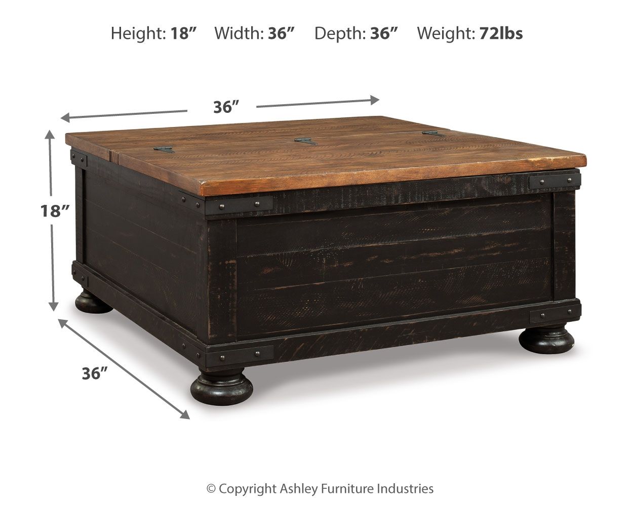 Lift-top cocktail table with dark brown top, black base, and turned corner legs