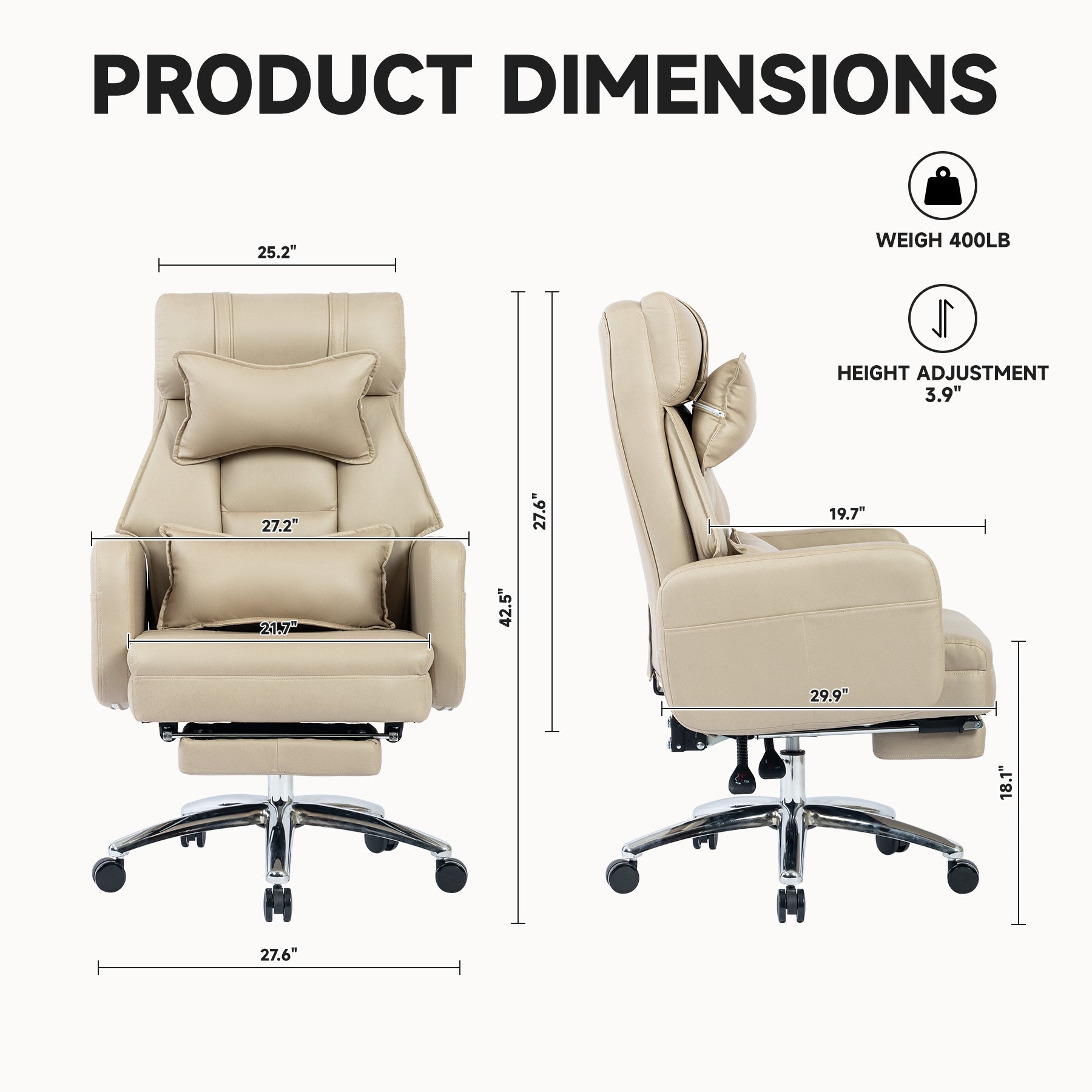 Ergonomic Office Chair w/ Lumbar Support, 155° Recline-Beige