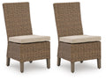 Beige woven side chair with cushioned seat and square arms, set of 2