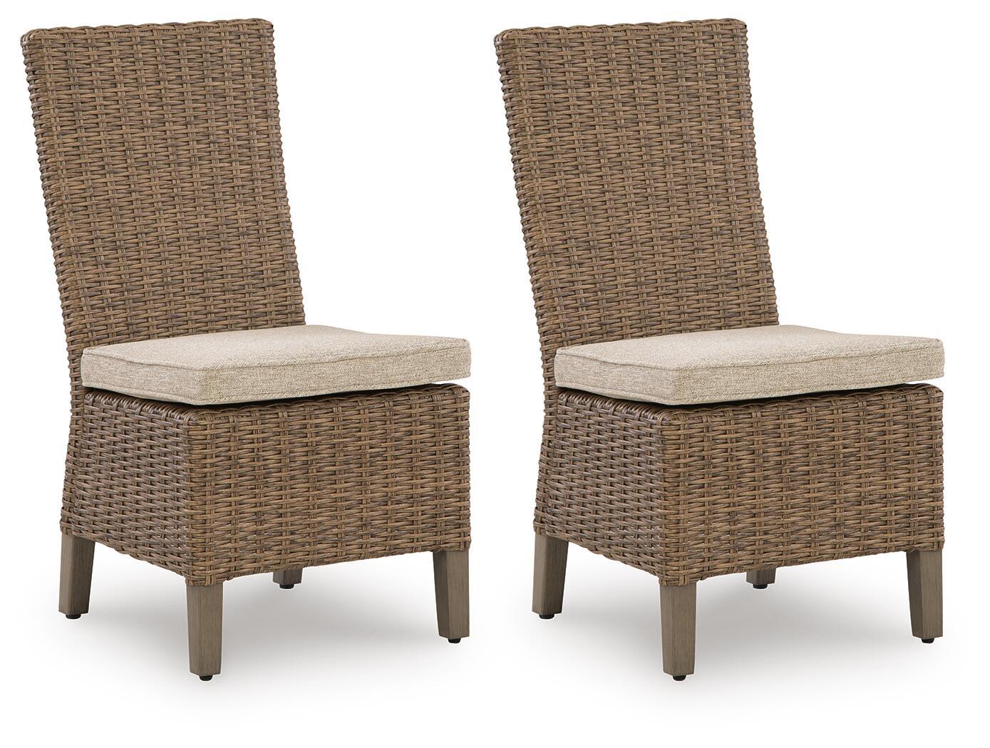 Beige woven side chair with cushioned seat and square arms, set of 2
