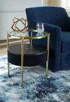 Accent table with speaker, round glass top and black base, gold metal stand