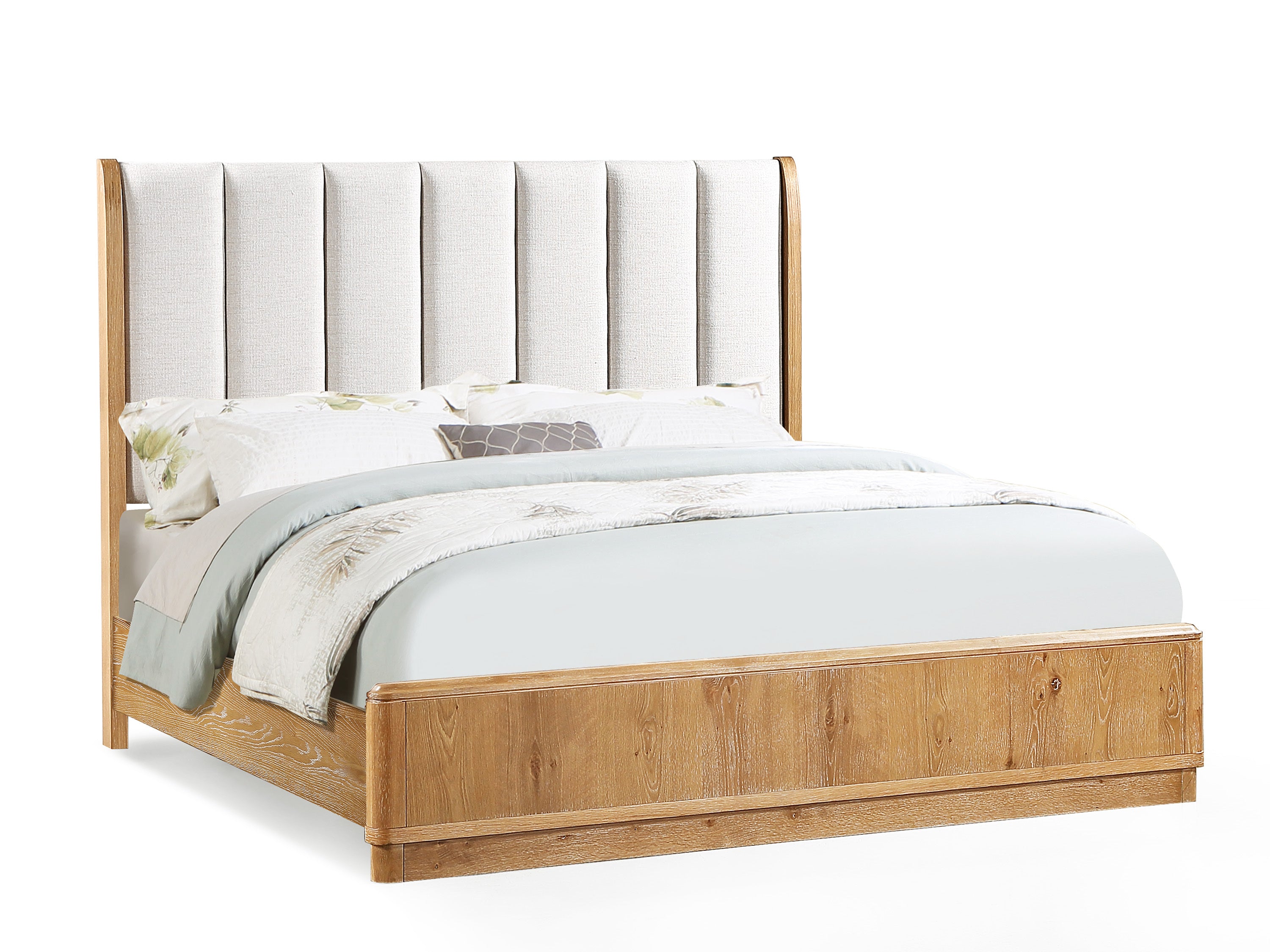 King Bed Off-White Upholstered Headboard Natural Wood Brown Finish