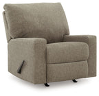 Hemp-colored fabric rocker recliner with tall back and padded armrests