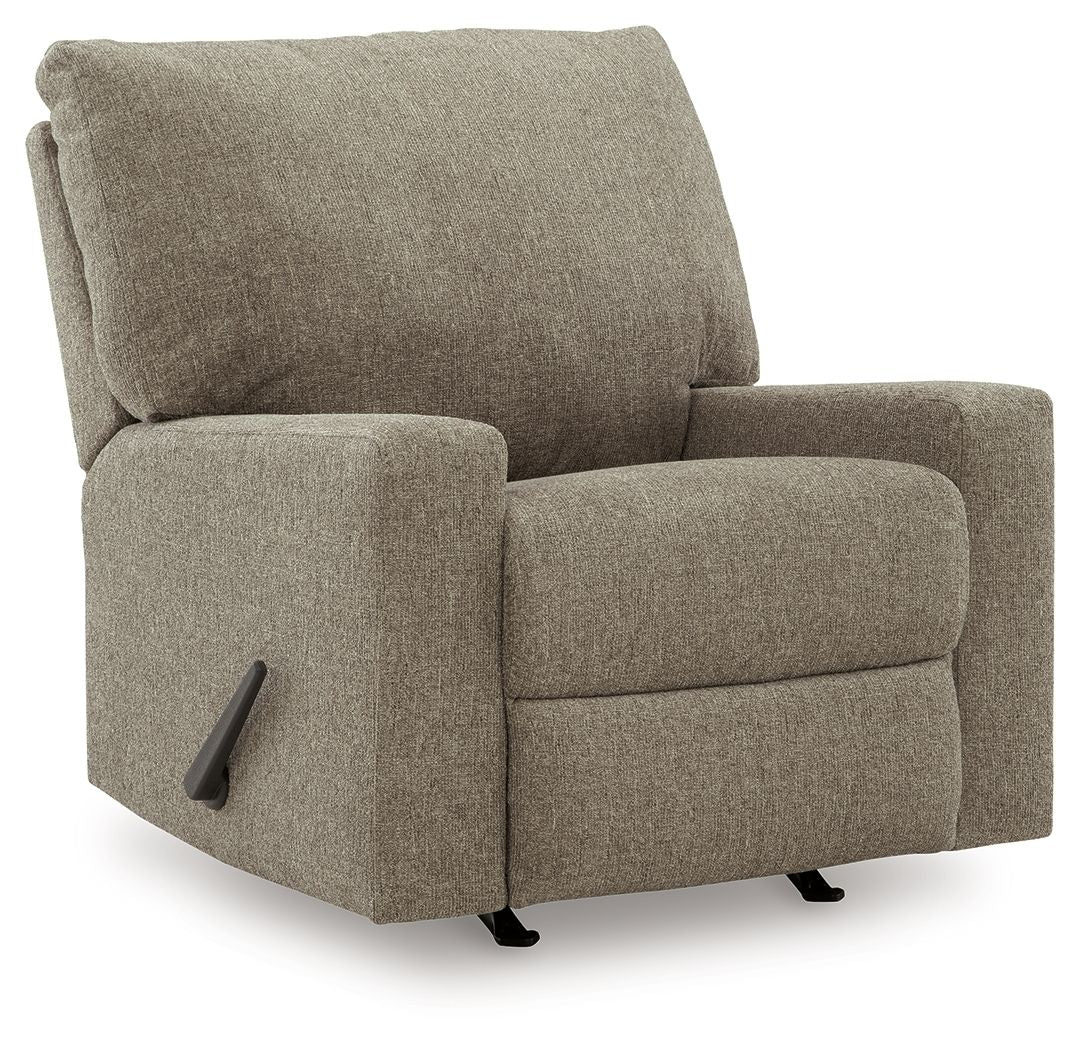 Hemp-colored fabric rocker recliner with tall back and padded armrests