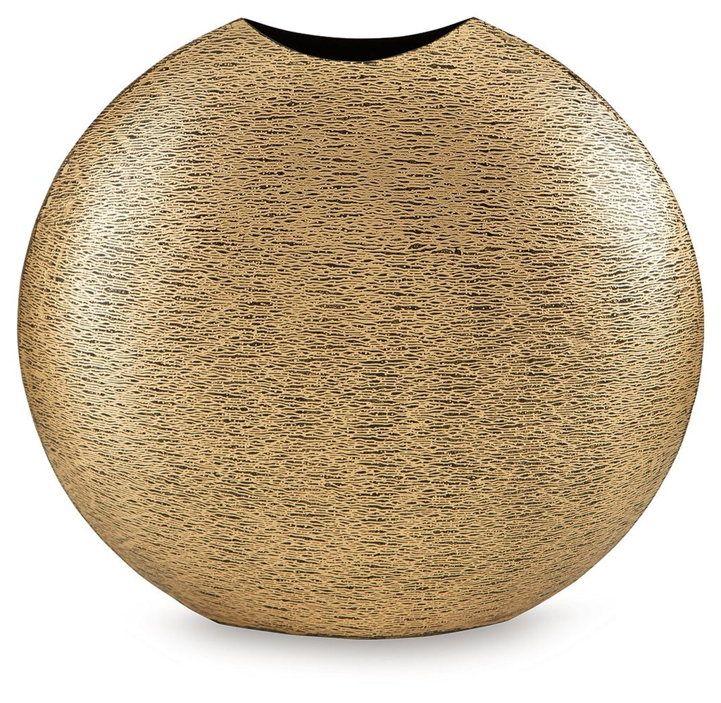 Gold textured vase with rounded teardrop body and dark circular opening