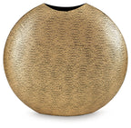 Gold textured vase with rounded teardrop body and dark circular opening