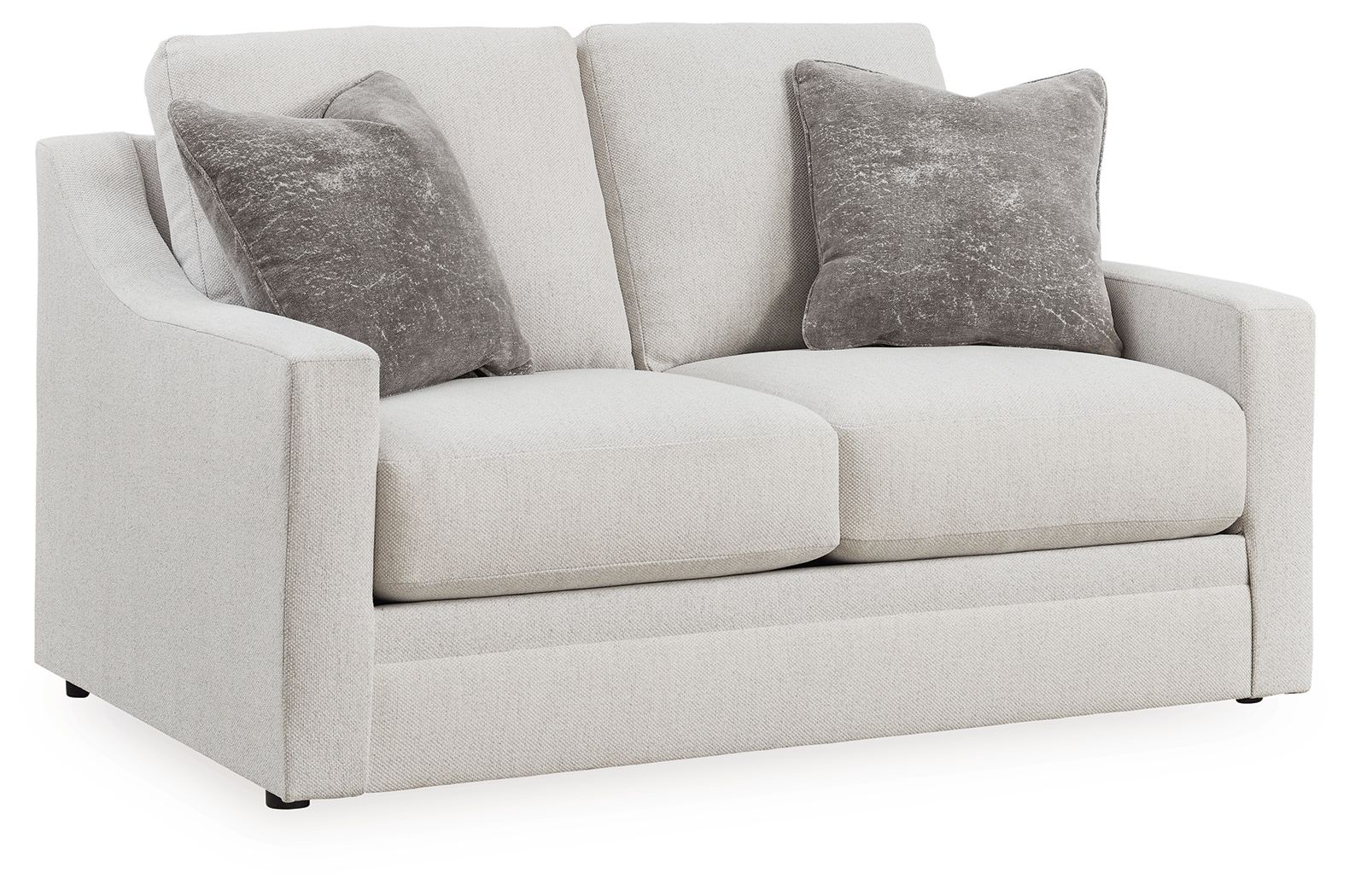 Chalk upholstered loveseat with two dark gray accent pillows and squared arms