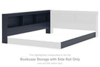 Navy blue bookcase storage with side rail, open cubby shelving and flat base platform