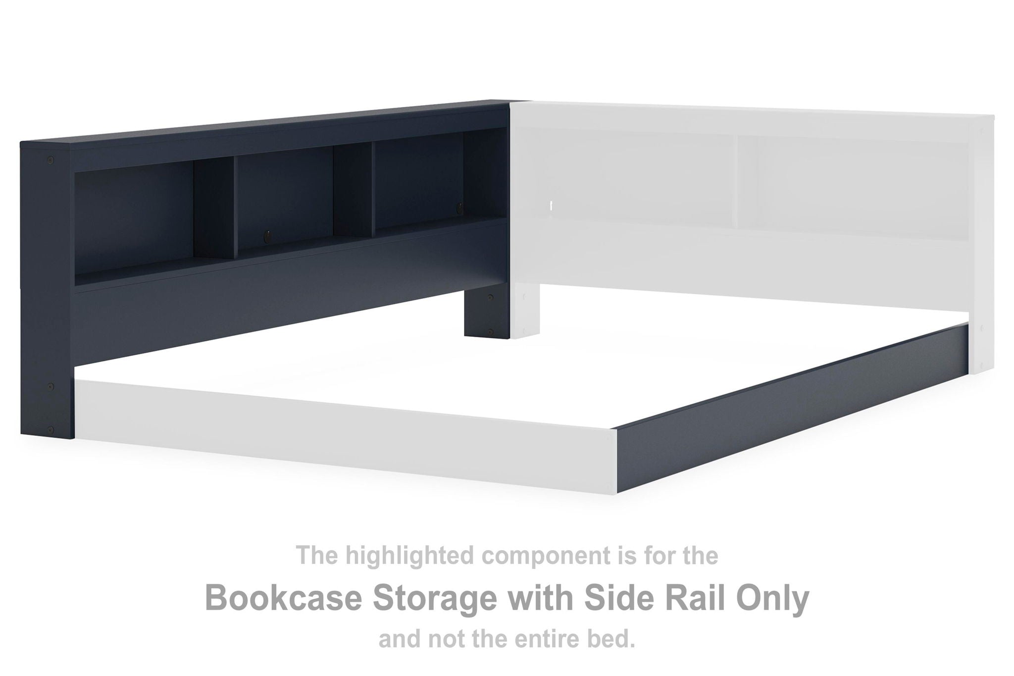 Navy blue bookcase storage with side rail, open cubby shelving and flat base platform