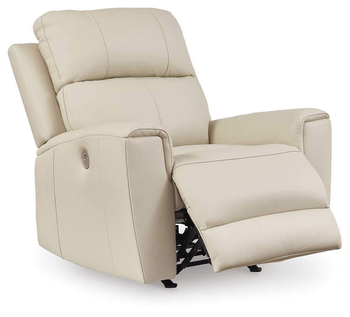 Light beige power rocker recliner with extended footrest and side control panel