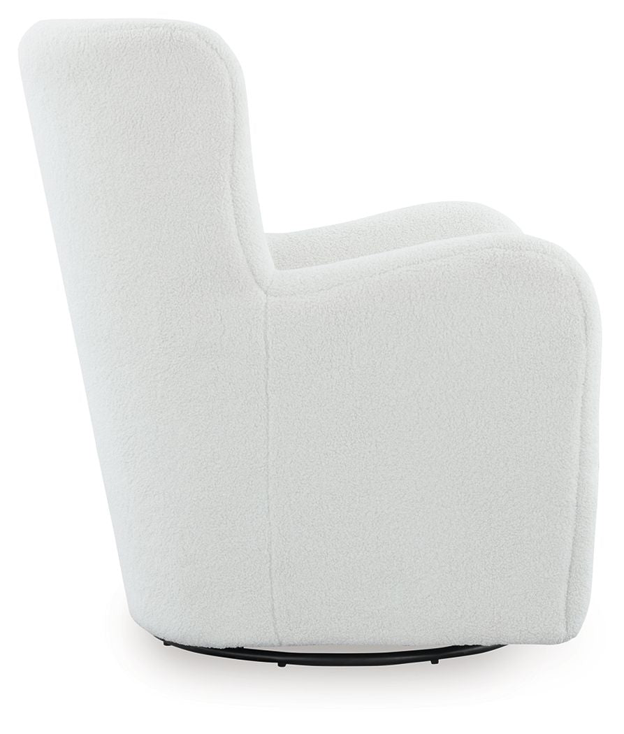 White swivel glider accent chair side view with thick padded arms and circular swivel base