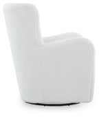 White swivel glider accent chair side view with thick padded arms and circular swivel base