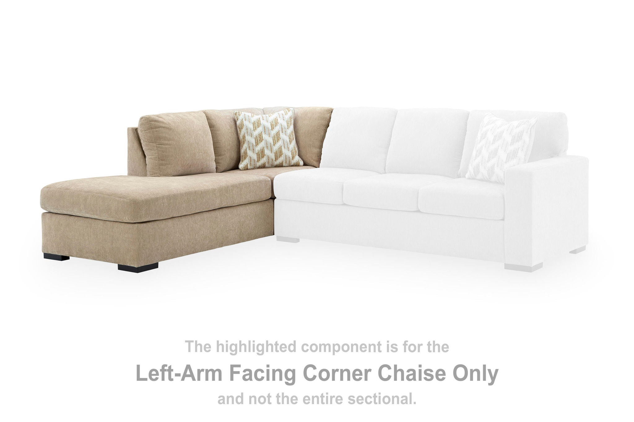 Beige L-shaped corner chaise with left-arm facing end and back cushions