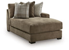 RAF corner chaise with coffee-brown fabric, three back cushions, one seat cushion
