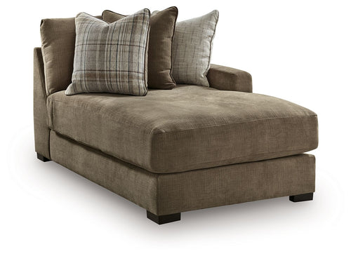 RAF corner chaise with coffee-brown fabric, three back cushions, one seat cushion