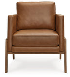Caramel leather-look accent chair with wide arms, thick seat, and straight wooden legs