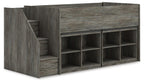 Gray loft bed with staircase steps and multi-compartment open bookshelf storage