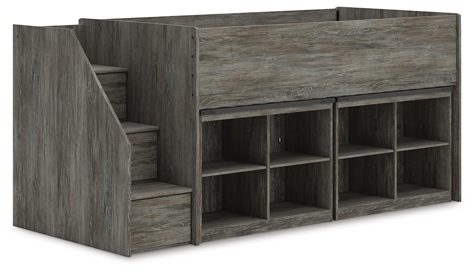 Gray loft bed with staircase steps and multi-compartment open bookshelf storage