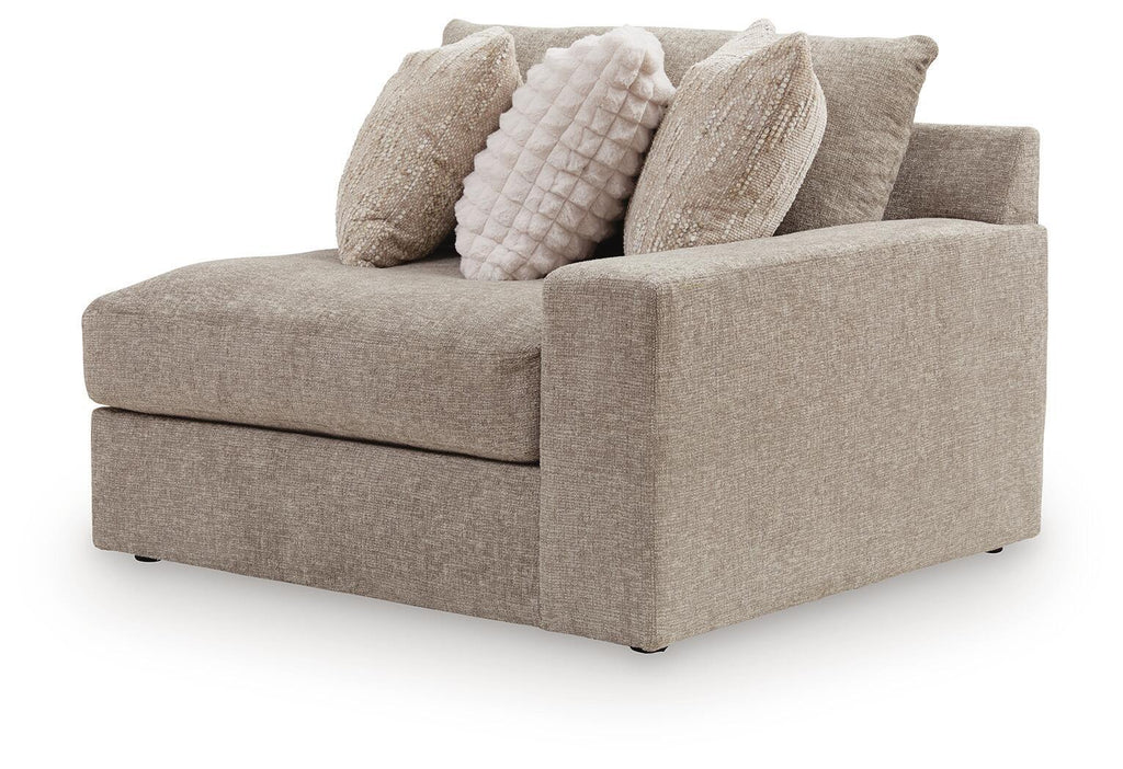 Fabric corner chair, gray; right arm; includes three textured throw pillows