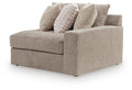 Fabric corner chair, gray; right arm; includes three textured throw pillows