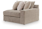 Fabric corner chair, gray; right arm; includes three textured throw pillows