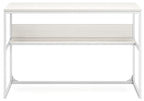 White home office desk underside with open lower shelf and crossbar support