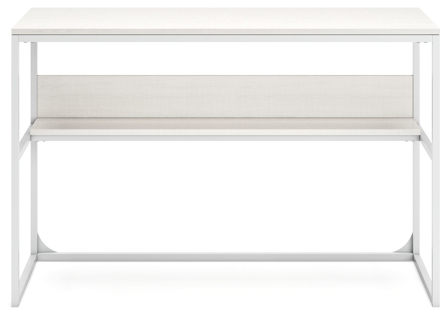 White home office desk underside with open lower shelf and crossbar support
