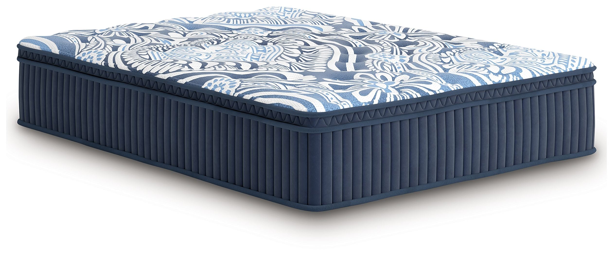 Blue Plush Luxe 2.0 mattress with patterned quilted top and ribbed side panels