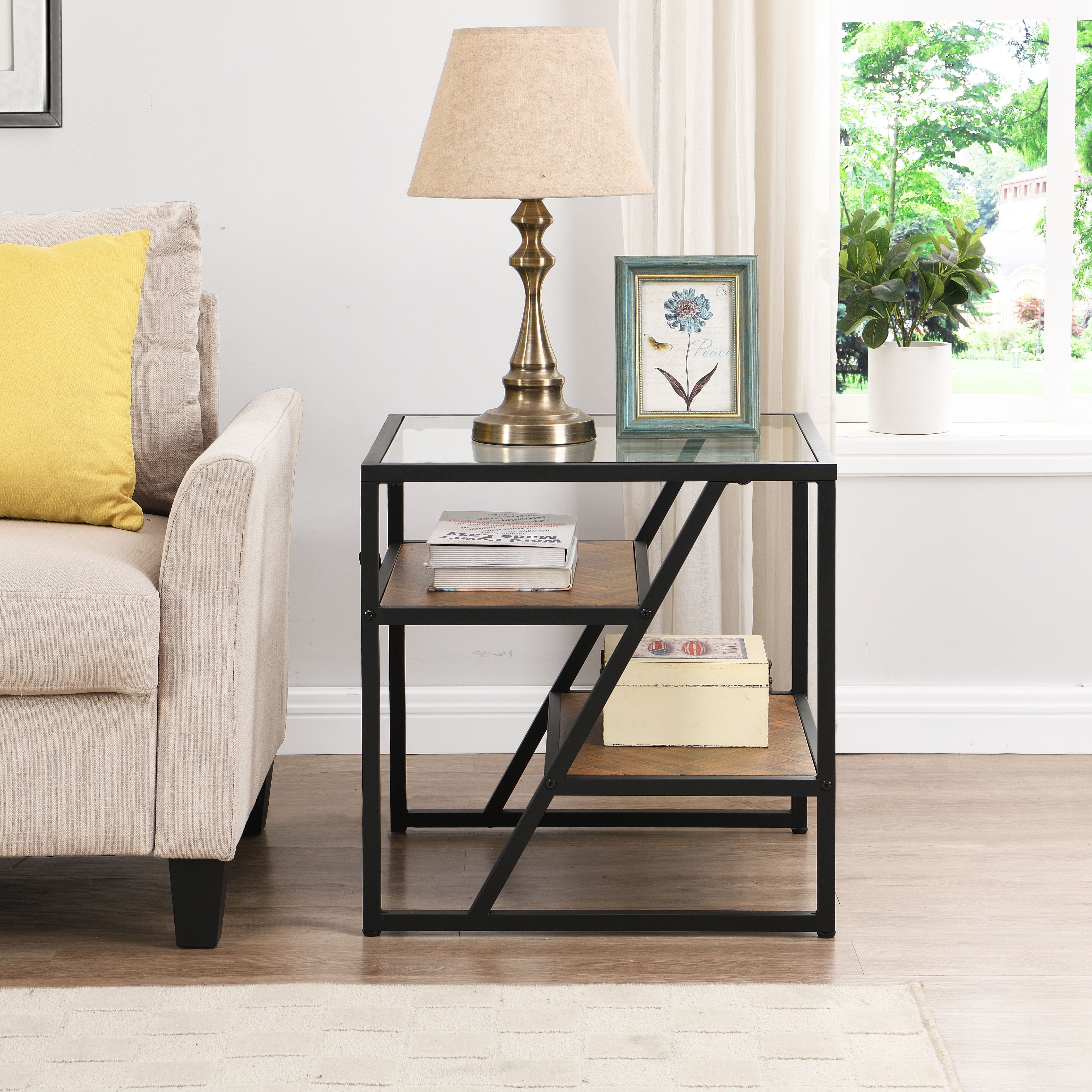 Black Side Table, End Table With Storage Shelf, Tempered Glass Coffee Table With Metal Frame For Living Room & Bed Room