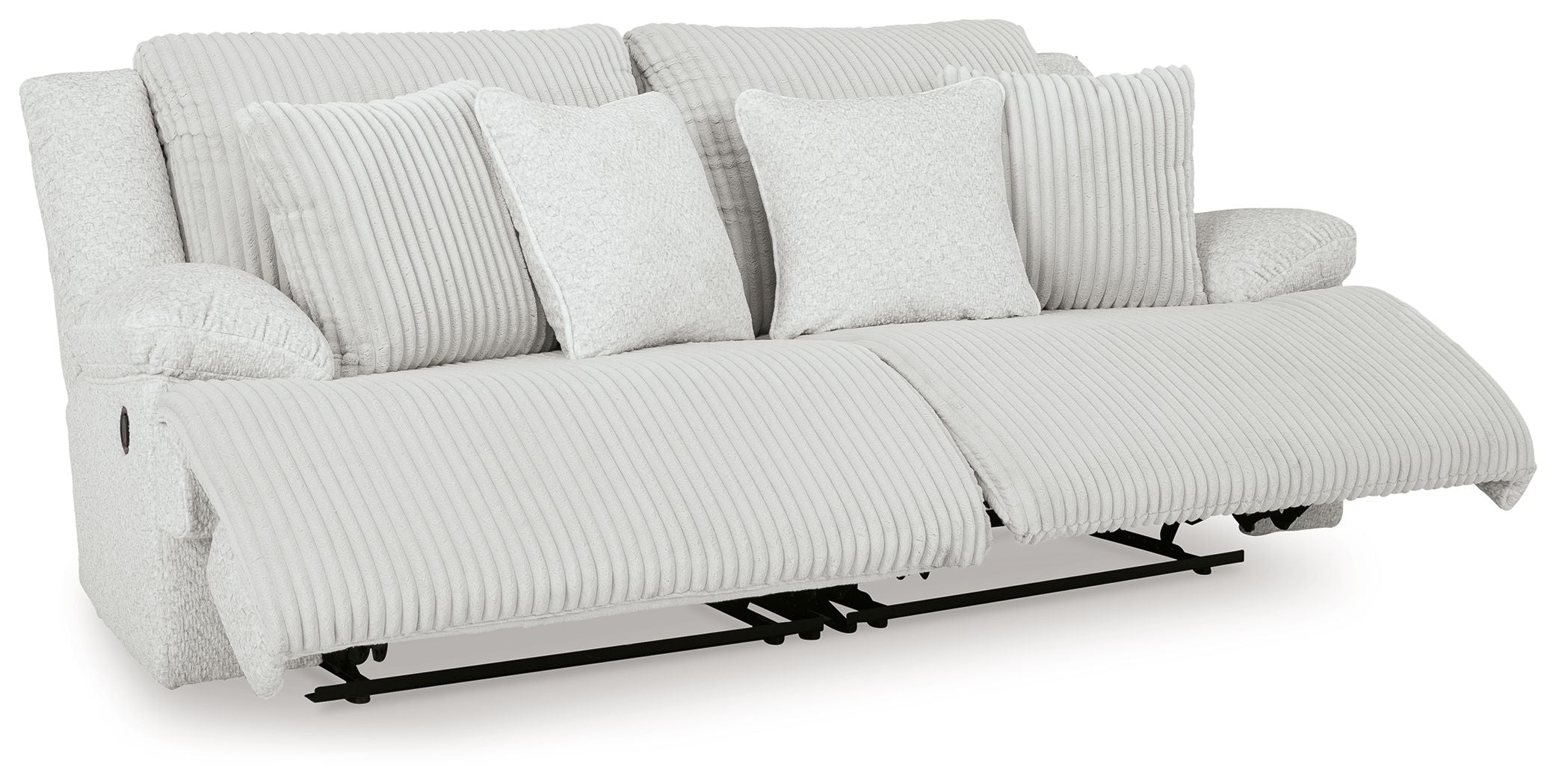 Light reclining sectional sofa with extended footrests and striped seat cushions