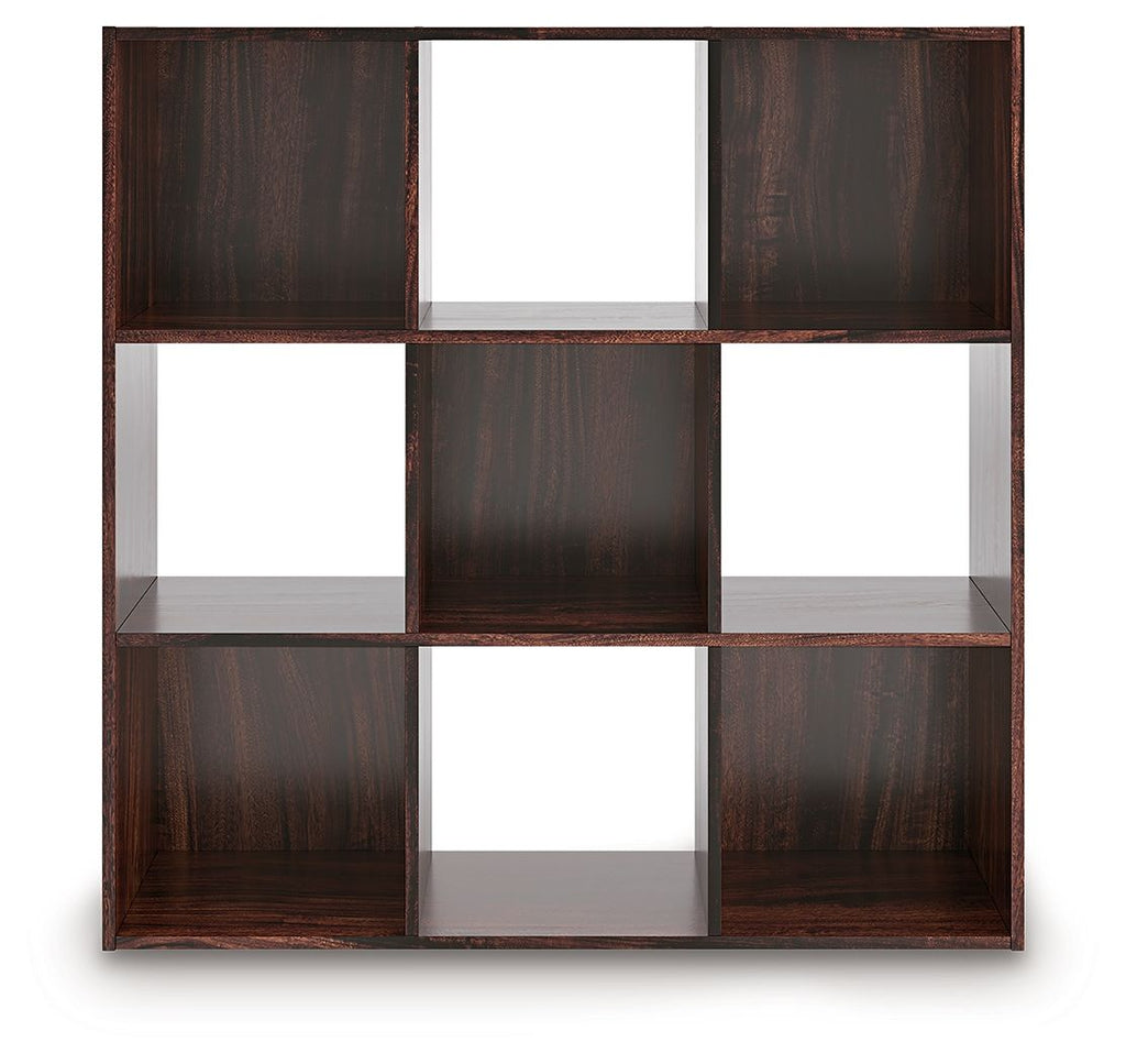 Dark brown cube organizer with 6 open square cubby compartments, front view.