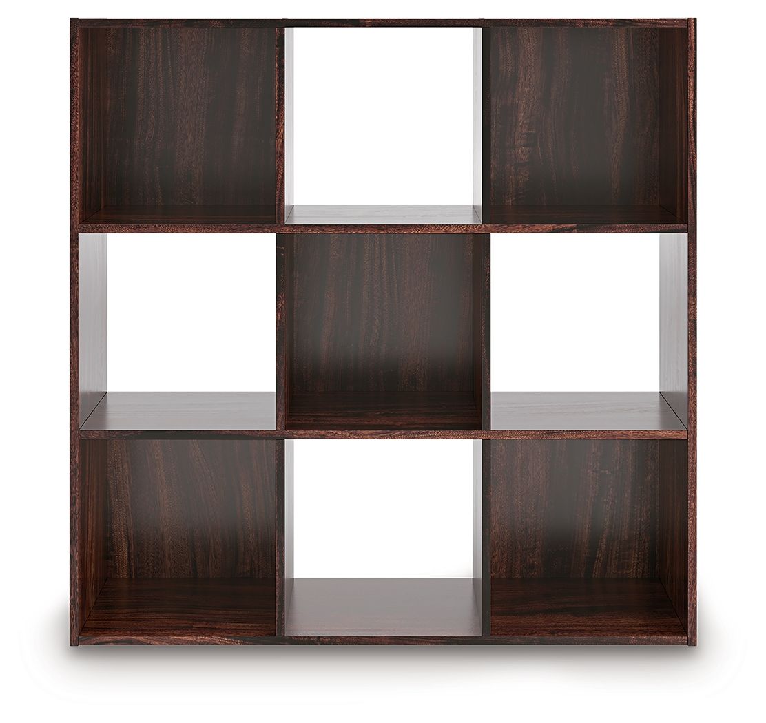 Dark brown cube organizer with 6 open square cubby compartments, front view.