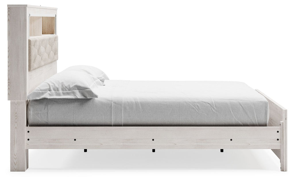White bookcase bed with open side shelves and two drawers at foot