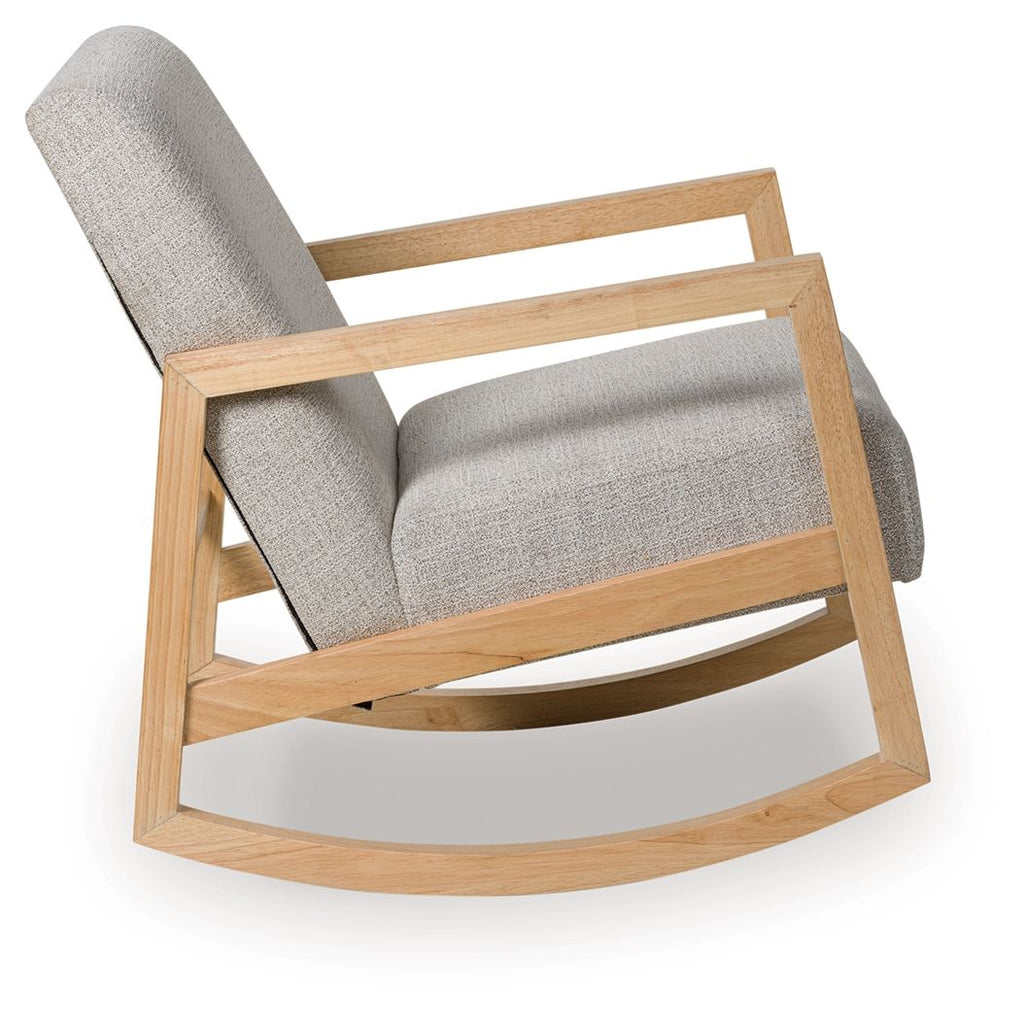 Gray fabric accent chair with curved wooden rocker base, angled view