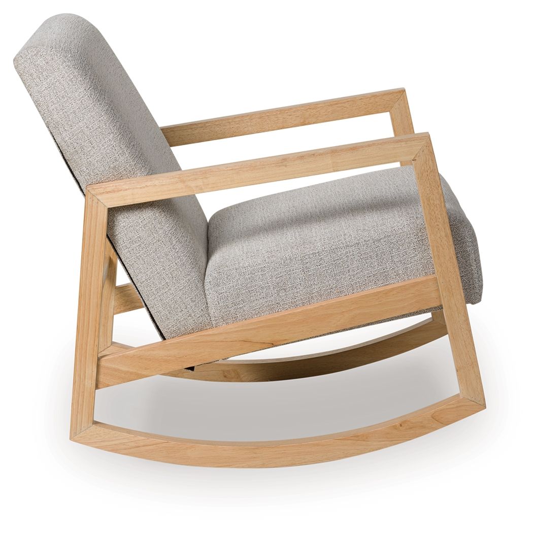 Gray fabric accent chair with curved wooden rocker base, angled view