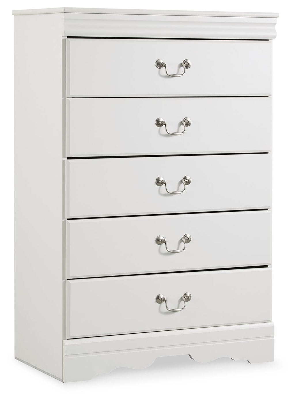White five-drawer chest with metal drawer pulls and scalloped base.