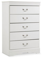 White five-drawer chest with metal drawer pulls and scalloped base.