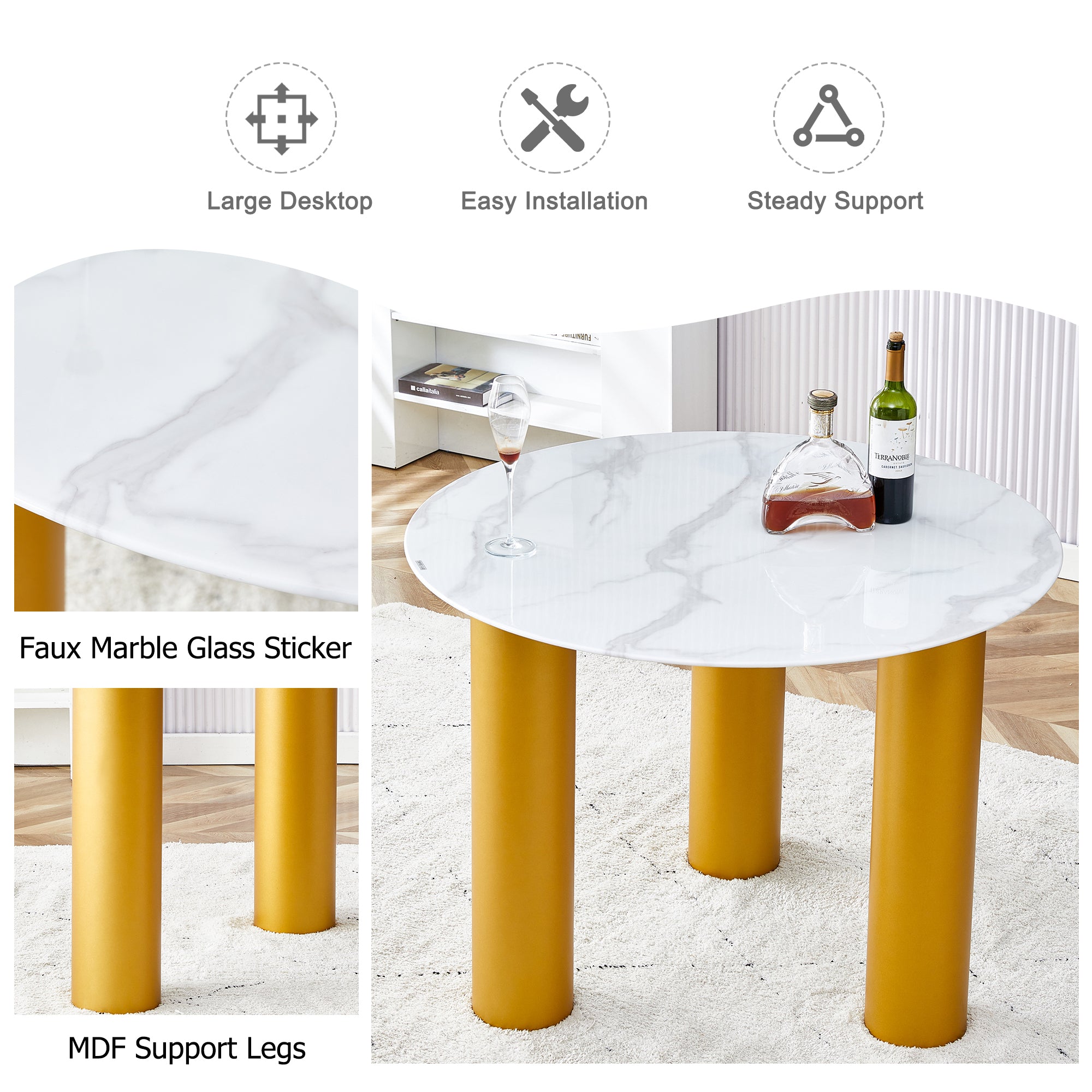 Round Marble Dining Table & Chairs Set (Gold)