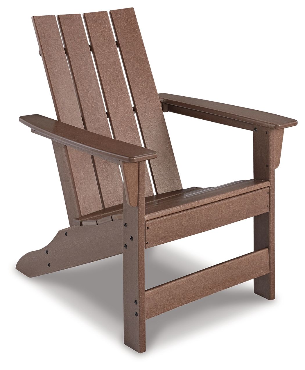 Brown Adirondack chair with slatted back, armrests, and sturdy wooden frame.