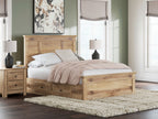 Light brown wood panel storage bed with slatted base and two drawer sides