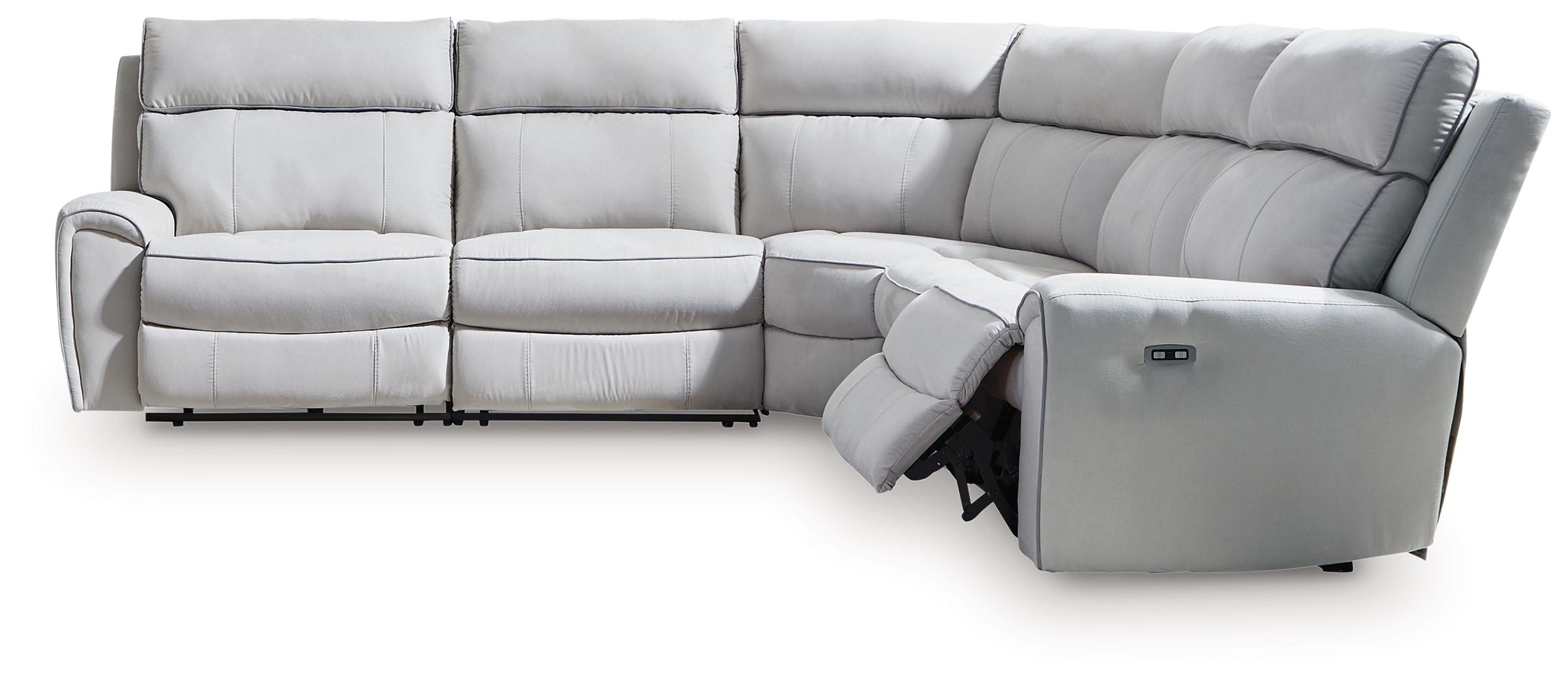 Light gray reclining sectional sofa with chaise recliner and tufted seat panels