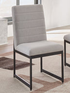 Dining side chair with padded back and seat, dark frame, light neutral upholstery