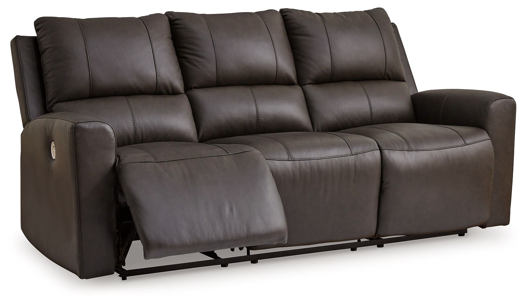 Boxmere dark brown power reclining sofa with reclined seat and padded arms