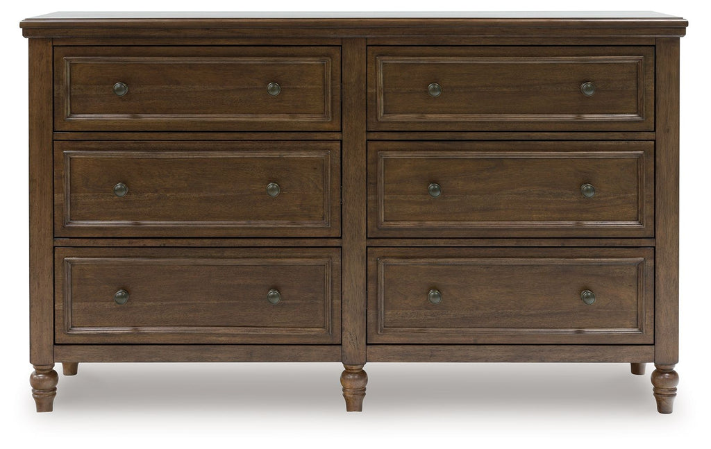Brown wood dresser front view with four drawers and two center drawers, metal knobs